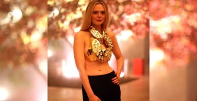 Actriz de Maléfica Elle Fanning Usó un Top Corto en forma de Cadena de Oro en Los Ángeles