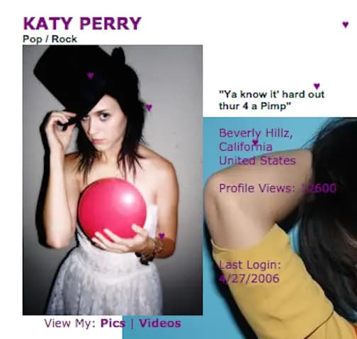 El Myspace de Katy Perry tenía la frase Ya sabes que es difícil el jueves 4 a Pimp