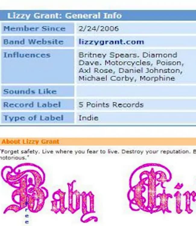 Lana Del Rey en MyspaceLana Del Rey en Myspace Sus intereses incluían a Britney Spears
