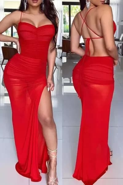 vestido rojo largo con escote atrás